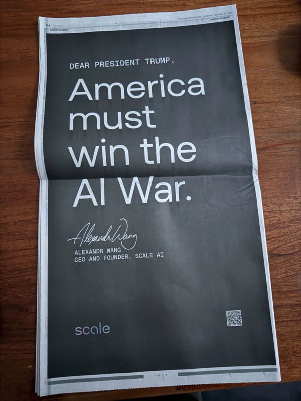 워싱턴 포스트에 게재된 Scale AI 광고. 사진: X/Alexandr Wang 카지노사이트