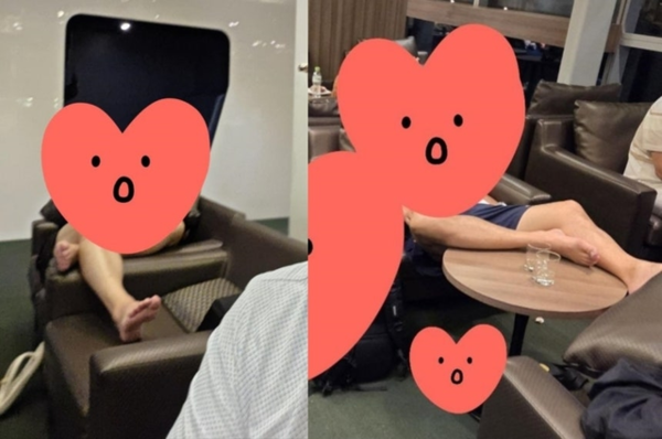 베트남 중부 다낭 국제공항 라운지 소파에 맨발로 누워 있는 승객의 모습. 사진: 온라인 플랫폼 스크린샷