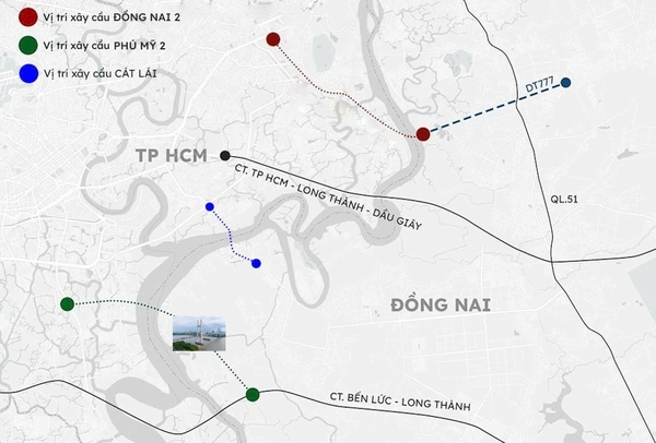 푸미2(녹색)를 포함한 호치민시와 동나이를 연결하는 예정된 다리 위치